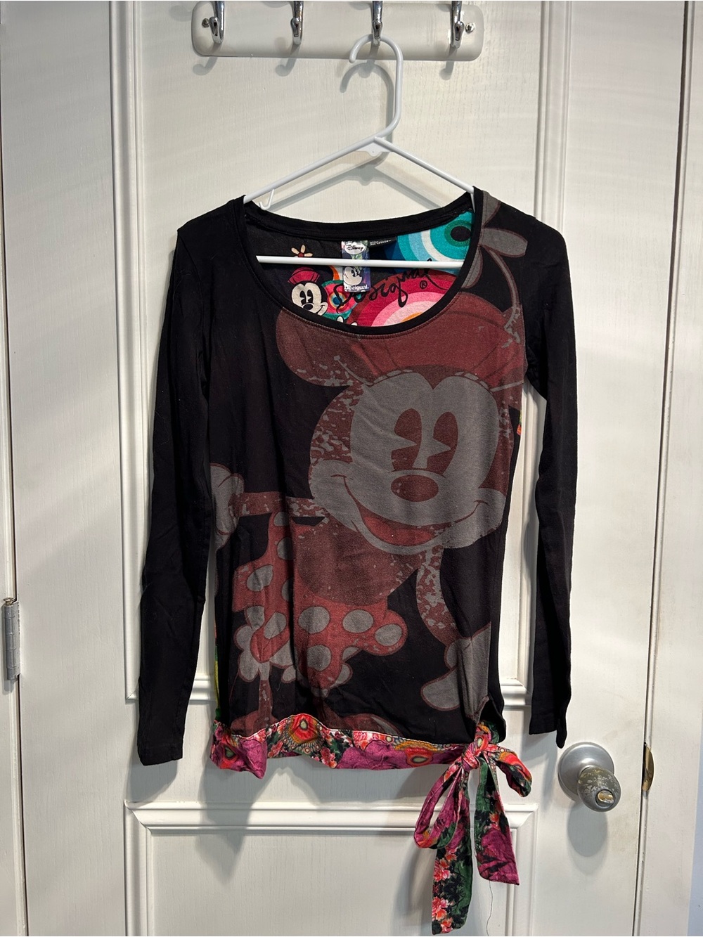 Desigual Black Long Sleeve Minnie Mouse Graphic Tee with Pink Tie
